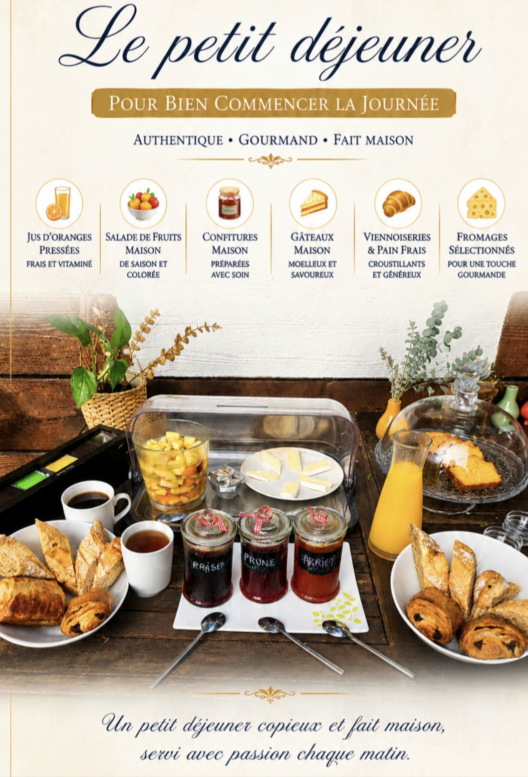 Petit-déjeuner authentique, gourmand et fait maison de Villa Alyzea avec jus d’orange, salade de fruits, confitures, gâteaux, viennoiseries, pain frais et fromages